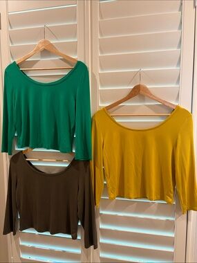 NWT Bundle: 3 Scoop Neck Cropped Tops - Green, Mustard, Brown SZ Large